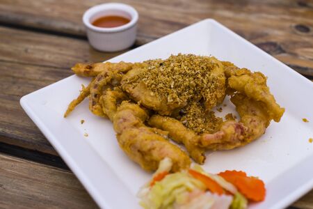 Fried Soft Shell Crab with Garlic on white plate, Thai foodの写真素材