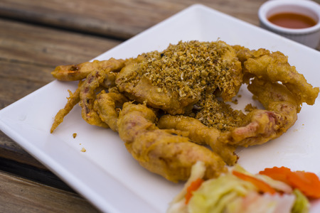Fried Soft Shell Crab with Garlic on white plate, Thai foodの写真素材