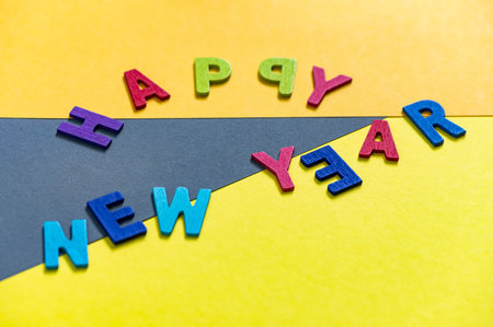 Happy new year font art colorful texting for greeting or celebrate card with colorful background, Sensitive Focusの写真素材