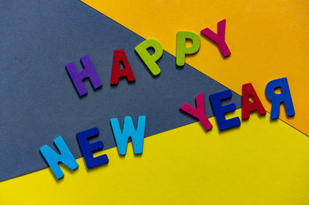 Happy new year font art colorful texting for greeting or celebrate card with colorful background, Sensitive Focusの写真素材