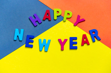 Happy new year font art colorful texting for greeting or celebrate card with colorful background, Sensitive Focusの写真素材