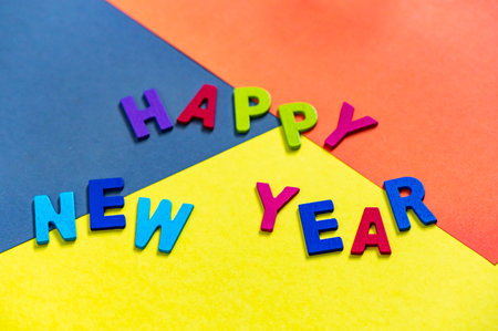 Happy new year font art colorful texting for greeting or celebrate card with colorful background, Sensitive Focusの写真素材