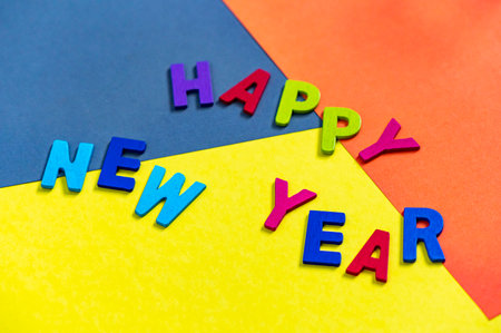 Happy new year font art colorful texting for greeting or celebrate card with colorful background, Sensitive Focusの写真素材