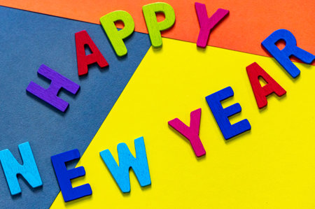 Happy new year font art colorful texting for greeting or celebrate card with colorful background, Sensitive Focusの写真素材