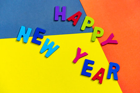 Happy new year font art colorful texting for greeting or celebrate card with colorful background, Sensitive Focusの写真素材