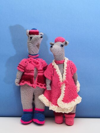 Two homemade dolls of the rat. Symbol of 2020. Knitted dolls. New Year. Miniature.の写真素材