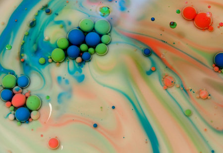 Spheres of white, pink, green, and red color on a multi-colored background. Colored drops in oil....