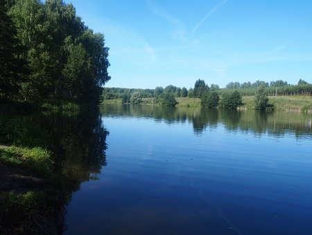 Summer landscape. View of the river, trees, river bank. Nature.の写真素材
