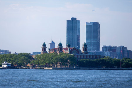 A view of Ellis Island from the Staten Island Ferry in New York City.