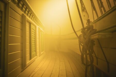 Old Wooden Schooner Rigging Lines on wooden deckの写真素材