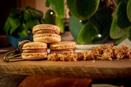 Tasty sweet macaroon cookies on wooden displayの写真素材