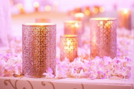 Flower and candle decoration for a weddingの写真素材