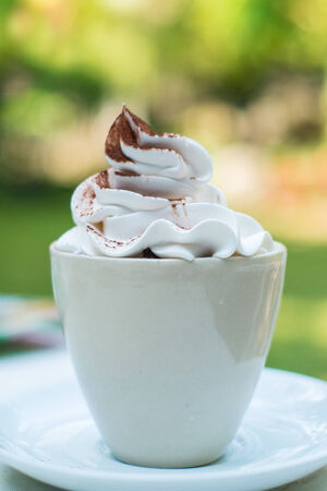 wipping cream on a cup of coffee with garden backgroundの写真素材