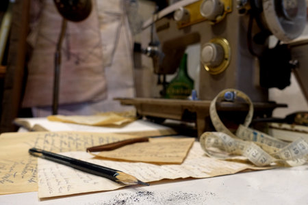 Designer pencil on ideas paper with dark background of sewing machine in tailor shop