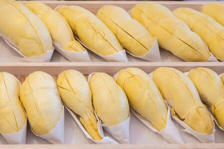 Durian  on shelf for saleの写真素材