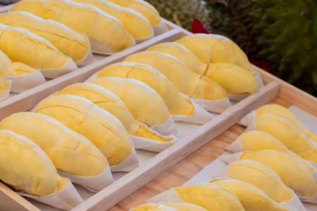 Durian  on shelf for saleの写真素材