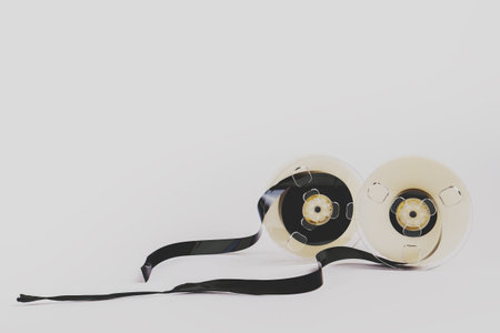 Videotape film cut and damaged on white background