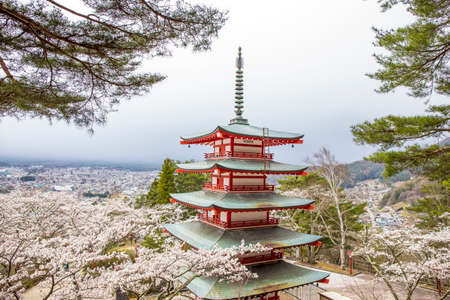 Chureito Pagoda view in bad weather condition Mount Fuji is invisible due to heavy cloud during winterのeditorial素材
