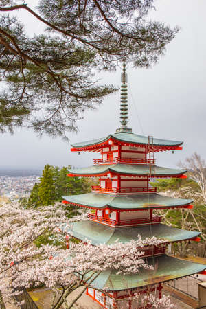 Chureito Pagoda view in bad weather condition Mount Fuji is invisible due to heavy cloud during winterのeditorial素材