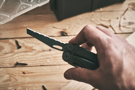 LVIV, UKRAINE - December 21, 2023:: Multitool Leatherman Wave Plus blackのeditorial素材
