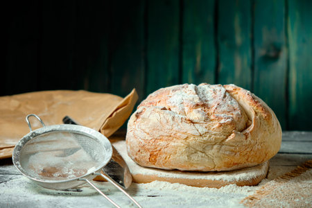 fresh loaf of sprinkle breadd with flour on a wooden background