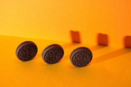 LVIV, UKRAINE - November 27, 2023: oreo cookies creative photo on color backgroundのeditorial素材