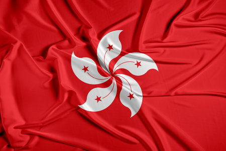 Hong Kong official national flag of silk fabric texture. Waving Fabric Flag of Hong Kongの写真素材