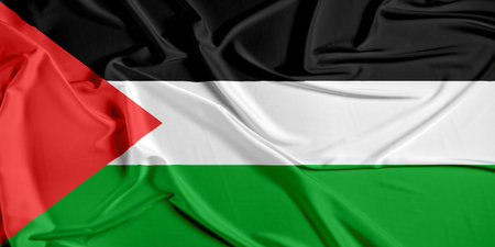 Palestine official national flag of silk fabric texture. Waving Fabric Flag of Palestineの写真素材