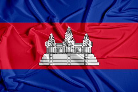 Cambodia official national flag of silk fabric texture. Waving Fabric Flag of Cambodiaの写真素材