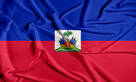 Haiti official national flag of silk fabric texture. Waving Fabric Flag of Haitiの写真素材