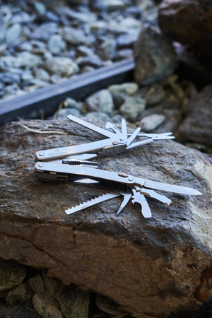 Lviv, Ukraine - February 11, 2024 : Close up photo of multitool victorinox spirit silver series