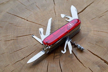 Lviv, Ukraine - February 11, 2024 : Close up photo of victorinox huntsman everyday folding knife