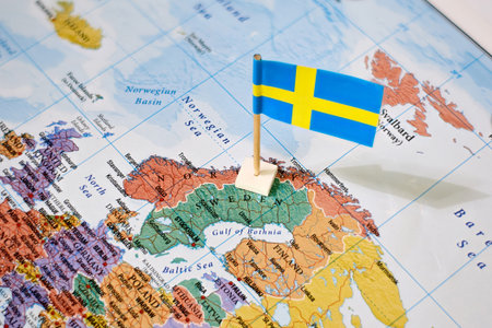 Stockholm map. Stockholm pin map. Close up of Stockholm map with red pin. Map with red pin point of...