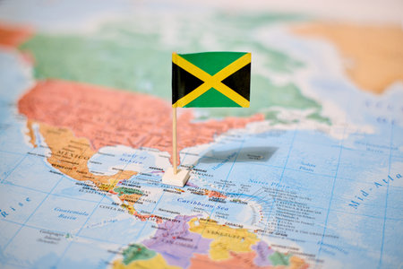 the Flag of Jamaica in the world mapの写真素材