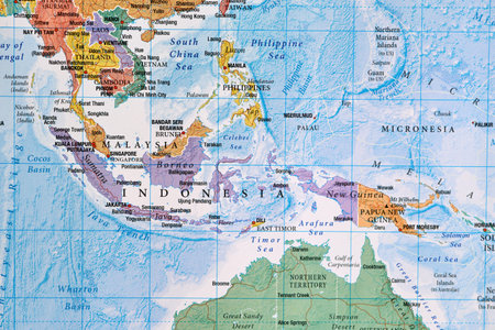 Indonesia, Malaysia, New Guinea on the world map close-up