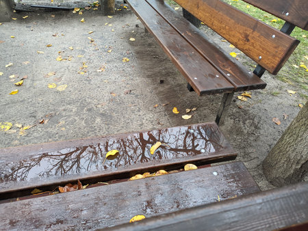 place to relax in the park. wooden benches. table and benches on the street.