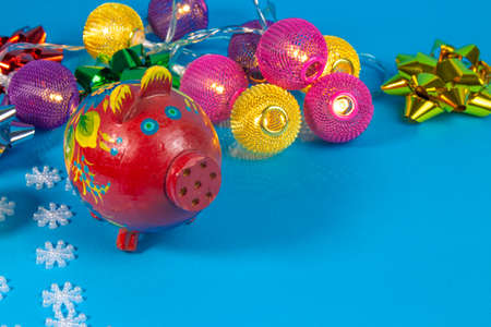 New Year's Holidays. Festive mood. Christmas and New Year. Decoration for the Christmas tree. Toys and gifts. Christmas tree. holiday and fun. winter vacation. winter holidays. christmas background. New Year characters. Snowman, santa claus. Father Frost.の写真素材