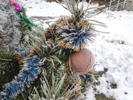 New Year's Holidays. Festive mood. Christmas and New Year. Decoration for the Christmas tree. Toys and gifts. Christmas tree. holiday and fun. winter vacation. winter holidays. christmas background. New Year characters. Snowman, santa claus. Father Frost.の写真素材