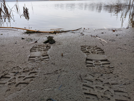 footprints in the sand. footprints in the sand. prints on the shore. shoe mark. footprints in the...