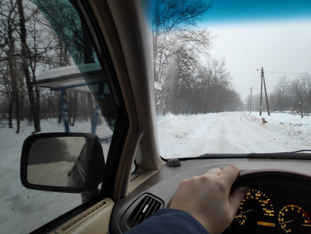 inside the car. driver behind the wheel. drive a car. journey. bad roads. by car. steering wheel and...