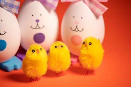 Easter eggs. funny hares. toy rabbit. toy egg. statuette easter bunny.の写真素材