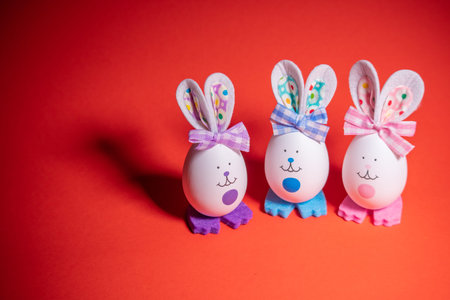 Easter eggs. funny hares. toy rabbit. toy egg. statuette easter bunny.