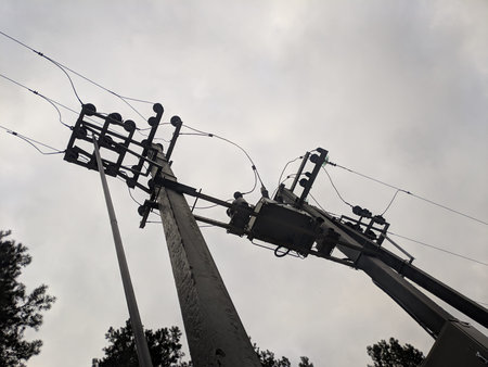 power transmission lines. electrical poles and wires. high-voltage power lines at sunset, high...