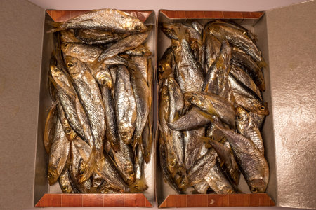 smoked fish. Cold smoked fish. Food Industry. Smoking fish filets hanging side by side in a smoker....