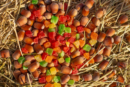bright candied fruits. candied fruits and nuts. Nuts and pieces of dried fruits of bright colors....