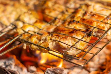 barbecue on the grill. meat on a skewer. cooking meat on fire. Skewers of meat outdoors. Man cooking marinated shashlik, lamb meat grilling on metal skewer. Flames of Fire In The Backgroundの写真素材