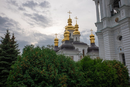church architecture. orthodox temple. domes and crosses. bell tower. Orthodox Cathedral. Kiev-Pechersky monastery.の写真素材