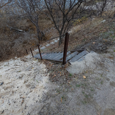 old iron stairs. rusty metal stairs. vintage stairs. descent from the mountain.の写真素材