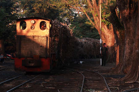 Yogyakarta, INDONESIA - July 27, 2020: Sugar cane carriage is ready to be taken to Madukismo sugar factory, Yogyakarta. The old yellow locomotive drove slowly pulling the sugar cane trainのeditorial素材
