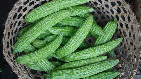 Fresh green bitter melon in a bamboo basketの写真素材